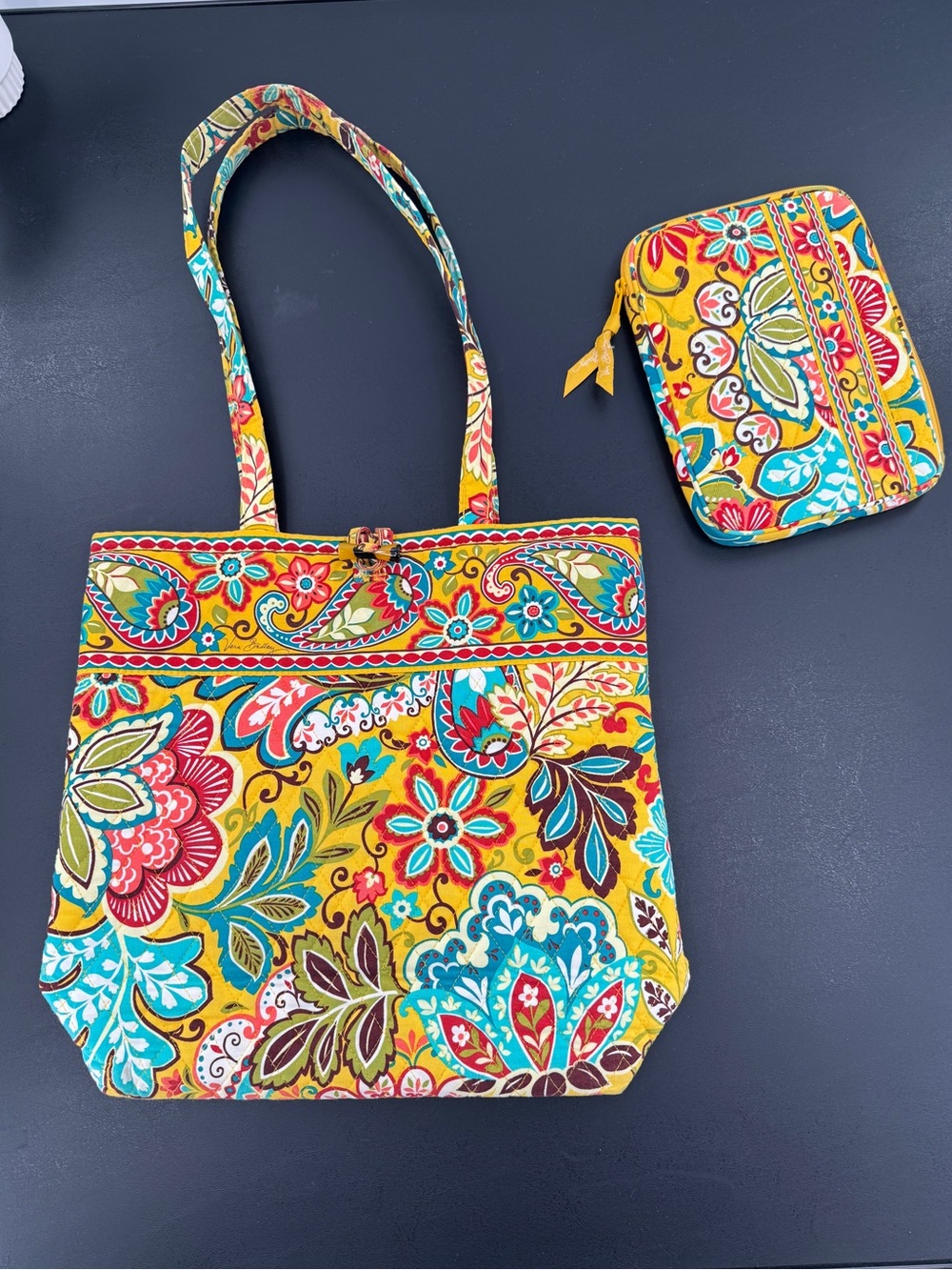 Vera Bradley Provencal Yellow Floral Shoulder Tote Bag Quilted Paisley Retired